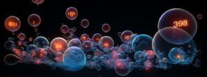 A 3D view of bubbles with numbers in them and a black background.