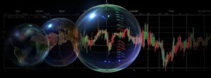 Large 3D bubbles over a stock chart against a black background.